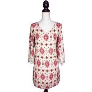 Boho Printed Lace Trim Shift Dress Flared Sleeves Red Ivory Size Medium